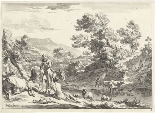 Rustende bader op een rivieroever by Jan de Visscher, print, 1670