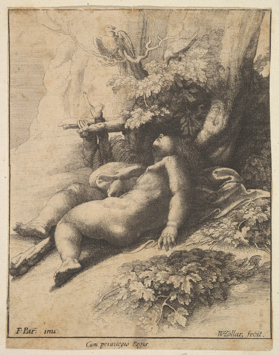Infant Hercules asleep by Wenceslaus Hollar, print, 1625-1677