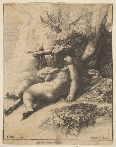 Infant Hercules asleep by Wenceslaus Hollar, print, 1625-1677