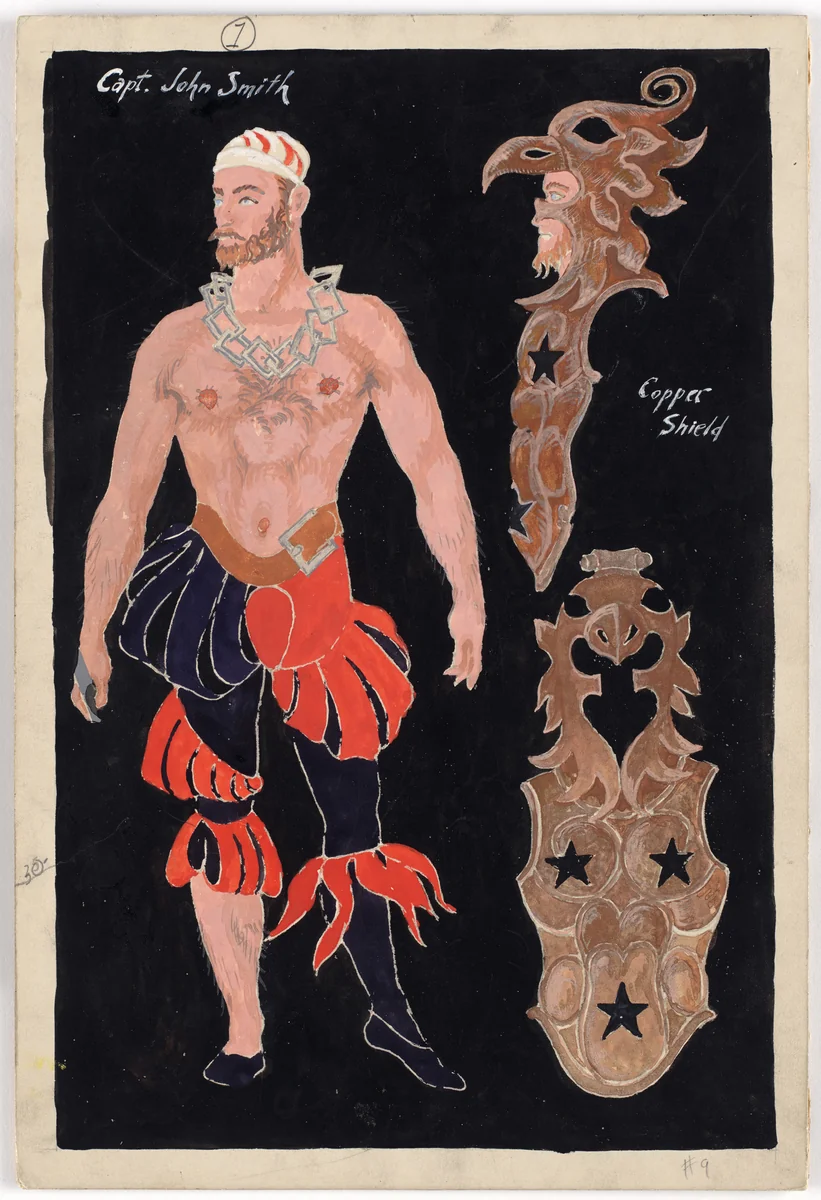 Captain John Smith. Costume design for the ballet Pocahontas by Karl Free, drawing, 1936