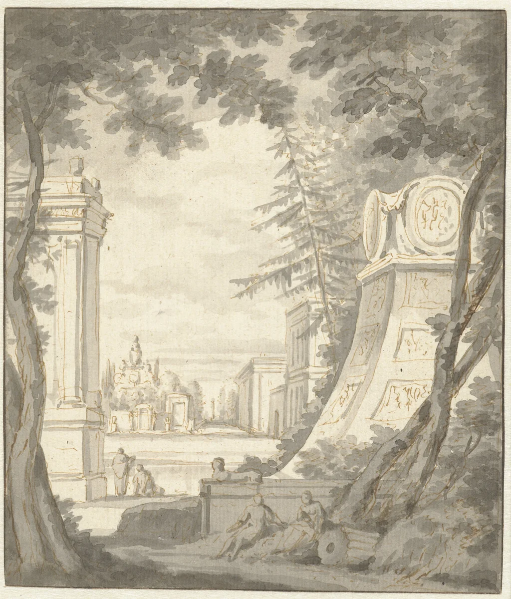 Park Landscape with Monuments and Classical Architecture by Frederik de Moucheron, drawing, 1670-1680