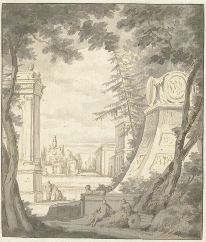 Park Landscape with Monuments and Classical Architecture by Frederik de Moucheron, drawing, 1670-1680