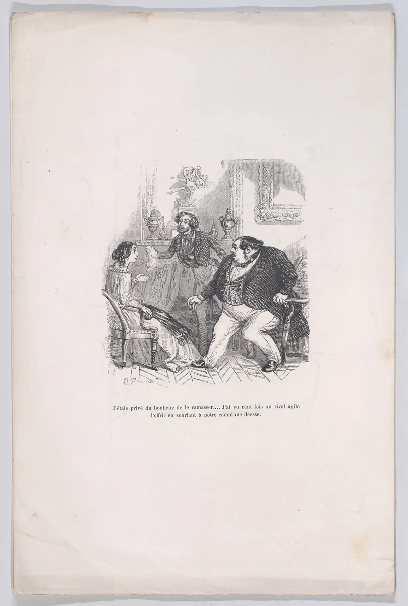 I was deprived of the happiness to pick it up... I saw a hundred times an agile rival offer it smiling to our common goddess, from "Little Miseries of Human Life" by J. J. Grandville, print, 1843