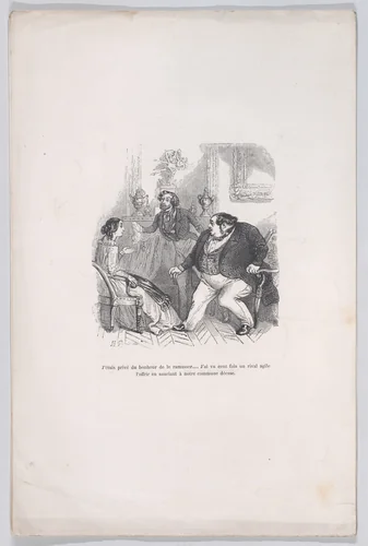 I was deprived of the happiness to pick it up... I saw a hundred times an agile rival offer it smiling to our common goddess, from "Little Miseries of Human Life" by J. J. Grandville, print, 1843