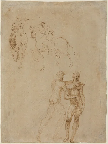 Two Horsemen and Two Male Nudes by Vincenzo Tamagni, drawing, 1492-1530