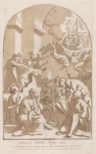 The martyrdom of Saint Angelo who in the upper left is being stabbed watched by horrified onlookers, from the 'Cabinet Crozat' by Anne Claude Philippe de Tubières, print, 1729-1764