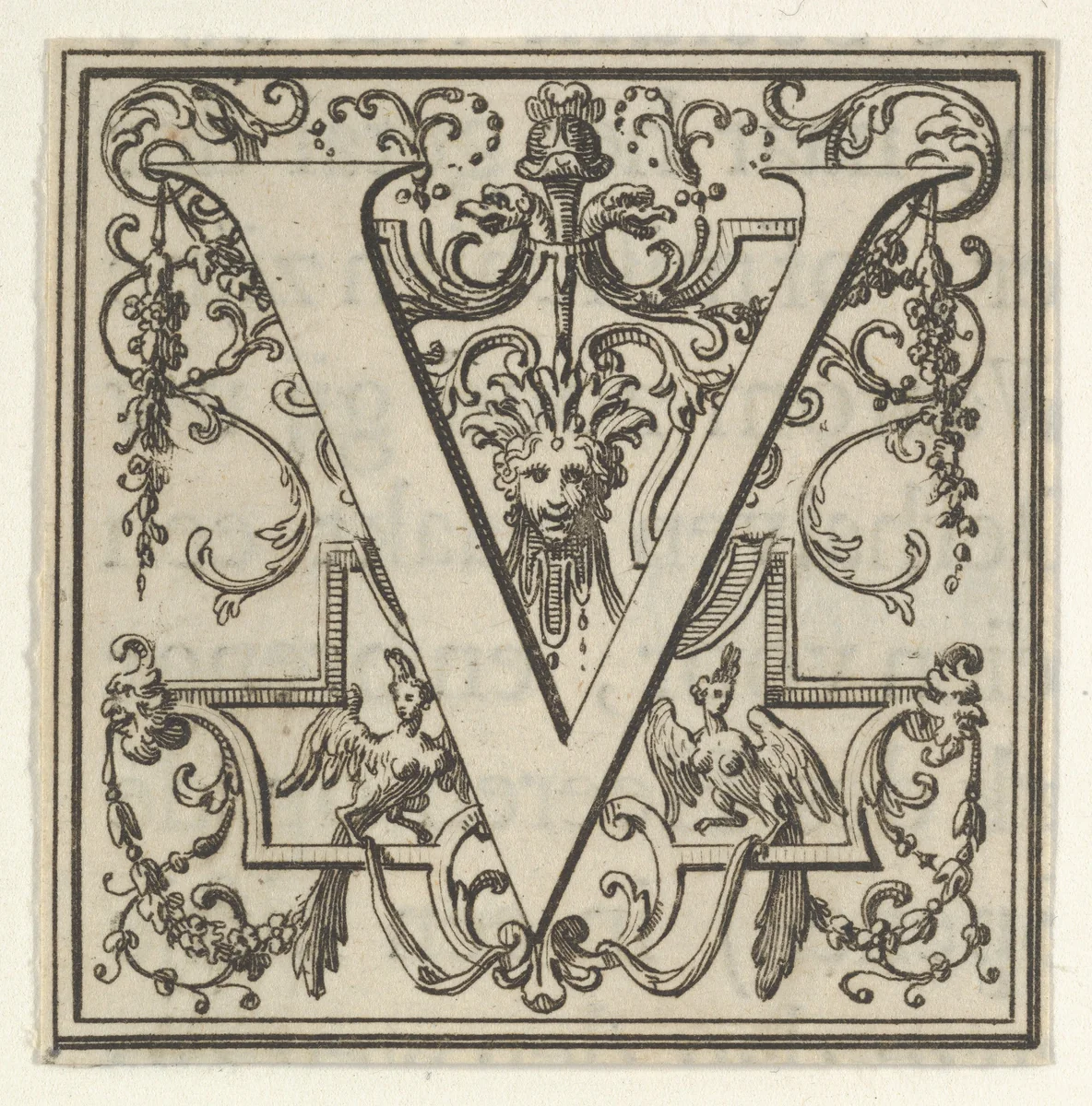 Roman Alphabet letter V with Louis XIV decoration by Bernard Picart, print, 1700-1733