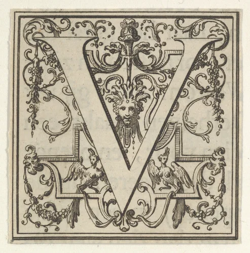 Roman Alphabet letter V with Louis XIV decoration by Bernard Picart, print, 1700-1733