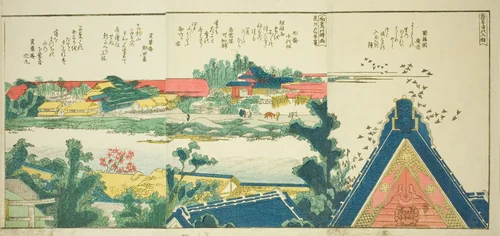 Pages from the illustrated book "Panoramic Views along the Banks of the Sumida River (Ehon Sumidagawa ryogan ichiran)" by Katsushika Hokusai (葛飾 北斎), print, 1801-1806