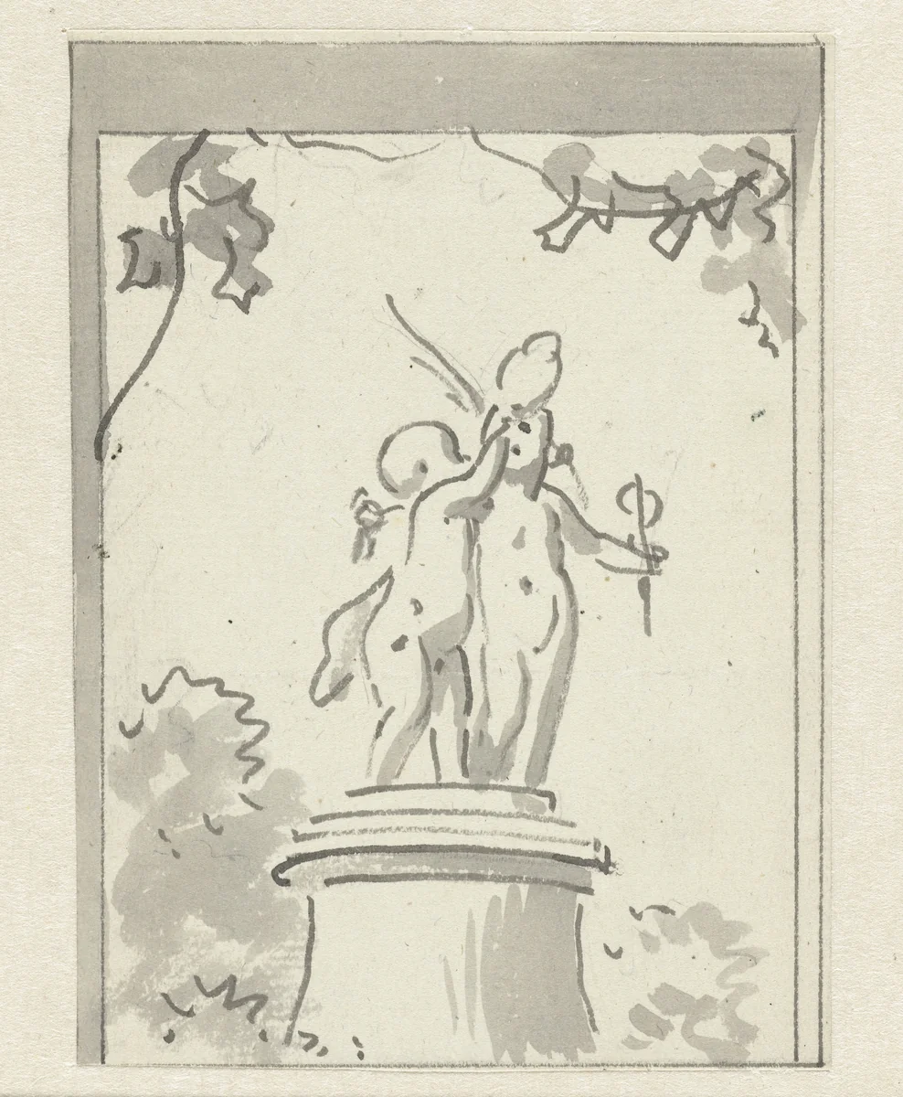 Twee putti op een voetstuk by Jurriaan Andriessen, drawing, 1752-1819