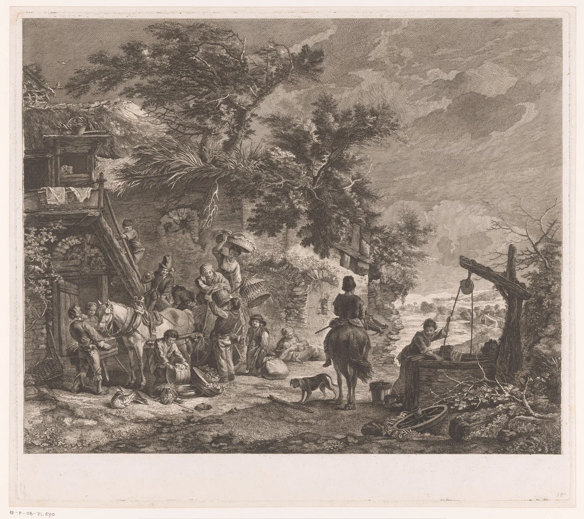 Figuren terugkerend van de markt bij een huis met waterput by Jean Moyreau, print, 1733-1762