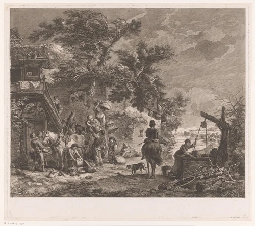 Figuren terugkerend van de markt bij een huis met waterput by Jean Moyreau, print, 1733-1762