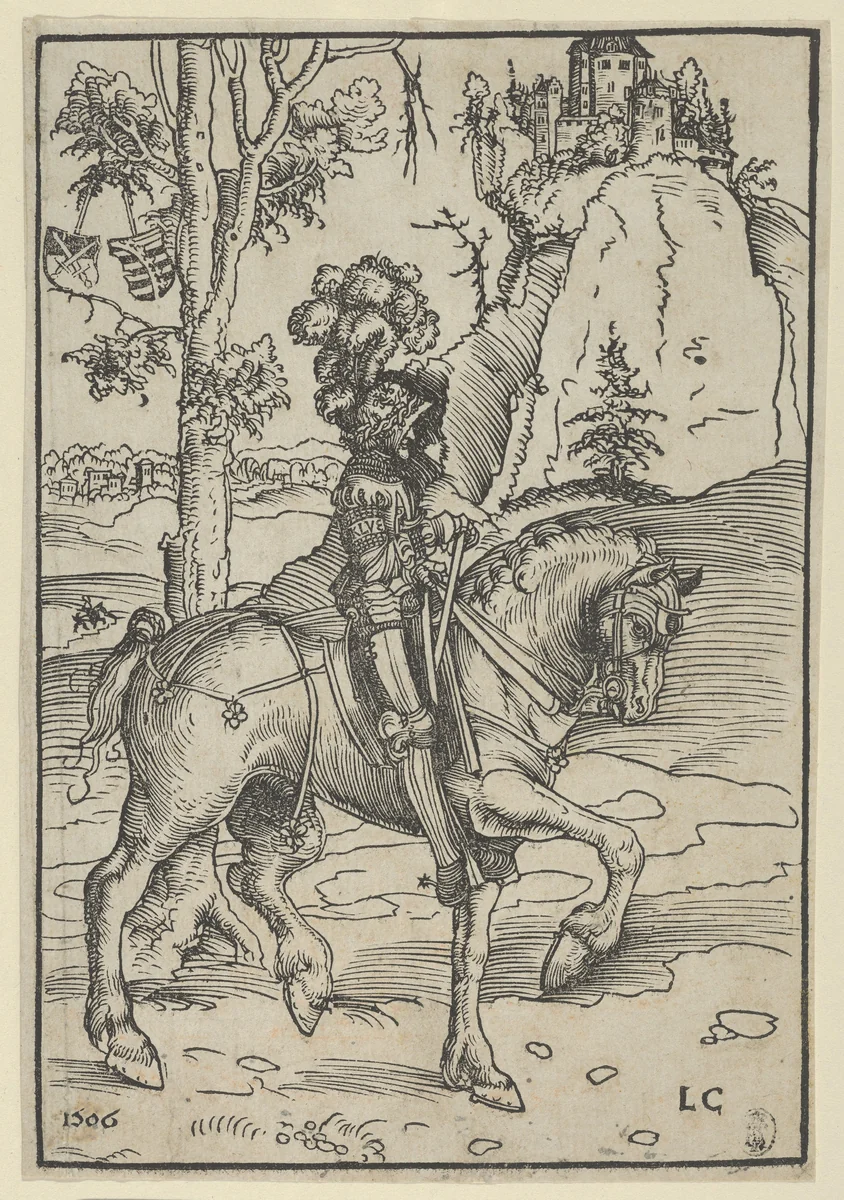 Knight on Horseback Riding Towards the Right by Lucas Cranach, print, 1506
