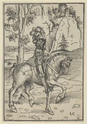 Knight on Horseback Riding Towards the Right by Lucas Cranach, print, 1506