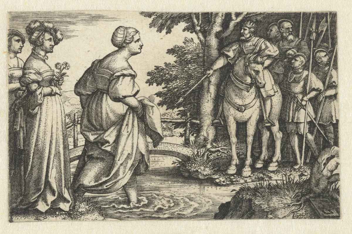 Koningin van Seba vereert hout van brug by Unknown, print, 1530-1534