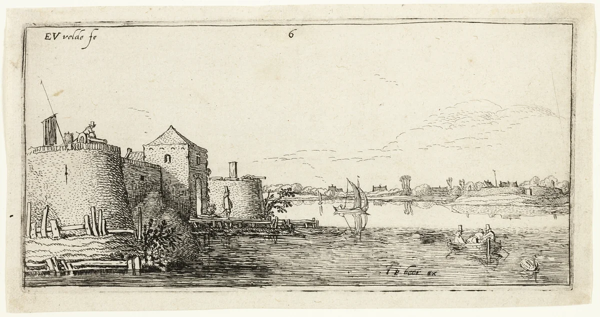 Ten Landscapes: Walled River Town to the Left of a River by Esaias van de Velde, print, 1615-1616