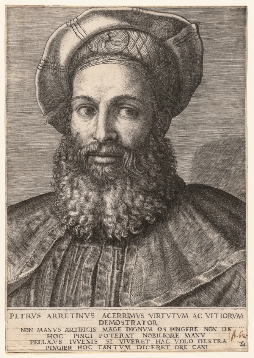 Portrait of Pietro Aretino by Marcantonio Raimondi, print, 1512-1525