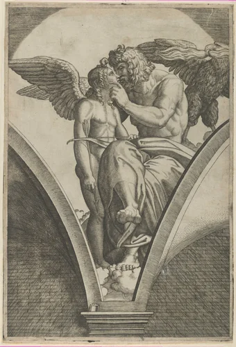 Jupiter embracing Cupid after Raphael's fresco in the Chigi Gallery of the Villa Farnesina in Rome by Marcantonio Raimondi, print, 1512-1525