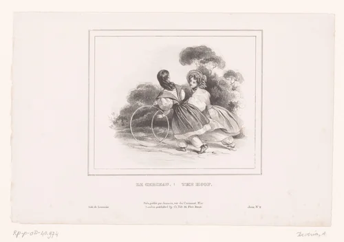 Twee meisjes met hoepels by Achille Devéria, print, 1832