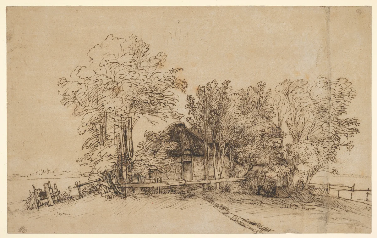 Cottage among Trees by Rembrandt van Rijn, drawing, 1645-1655