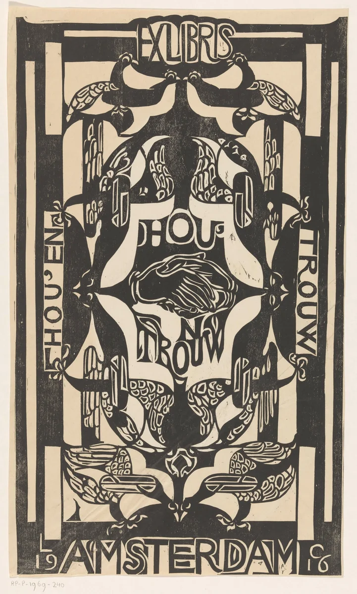 Ex libris van de vereniging Hou'en Trouw by Carel Adolph Lion Cachet, print, 1916