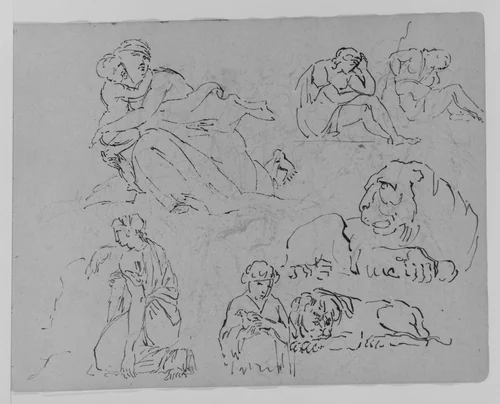 Five Figure Studies; Two Studies of Lions (from Sketchbook) by Thomas Sully, artwork, 1810-1820