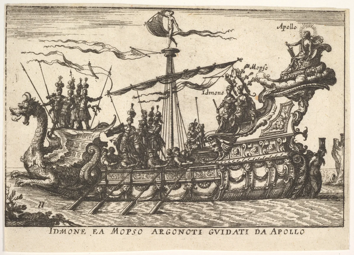 Plate 11: Idmon and Mopsus guided by Apollo (Idmone ea Mopso Argonoti guidati da Apollo), from "The magnificent pageant on the river Arno in Florence for the marriage of the Grand Duke" (Le Magnifique carousel fait sur le fleuve de l'Arne a Florence, pour le mariage du Grand Duc) by anonymous, print, 1664
