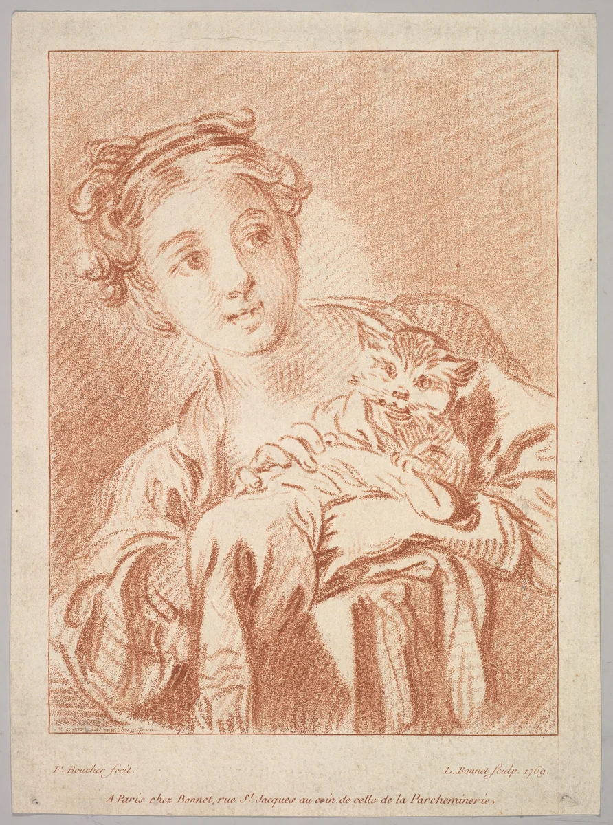 A Young Girl holding a Cat by Louis Marin Bonnet, print, 1769