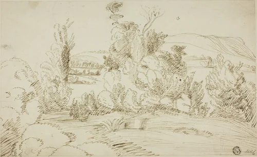 Grove of Trees with Hills in Distance by Giovanni Francesco Grimaldi, drawing, 1626-1799