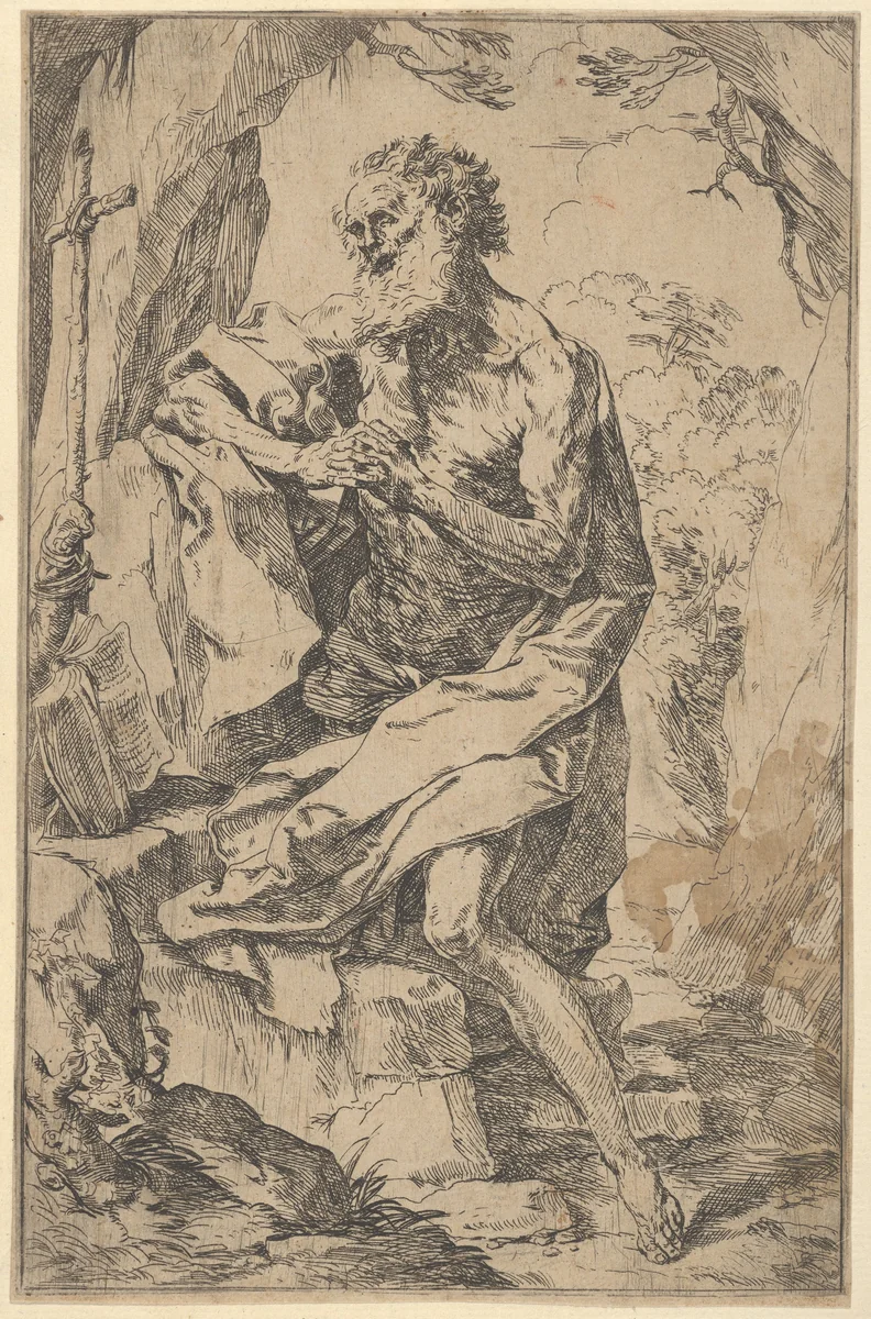 Saint Jerome kneeling on a rock in front of a cross and an open book facing left by Guido Reni, print, 1595-1645