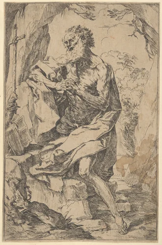 Saint Jerome kneeling on a rock in front of a cross and an open book facing left by Guido Reni, print, 1595-1645
