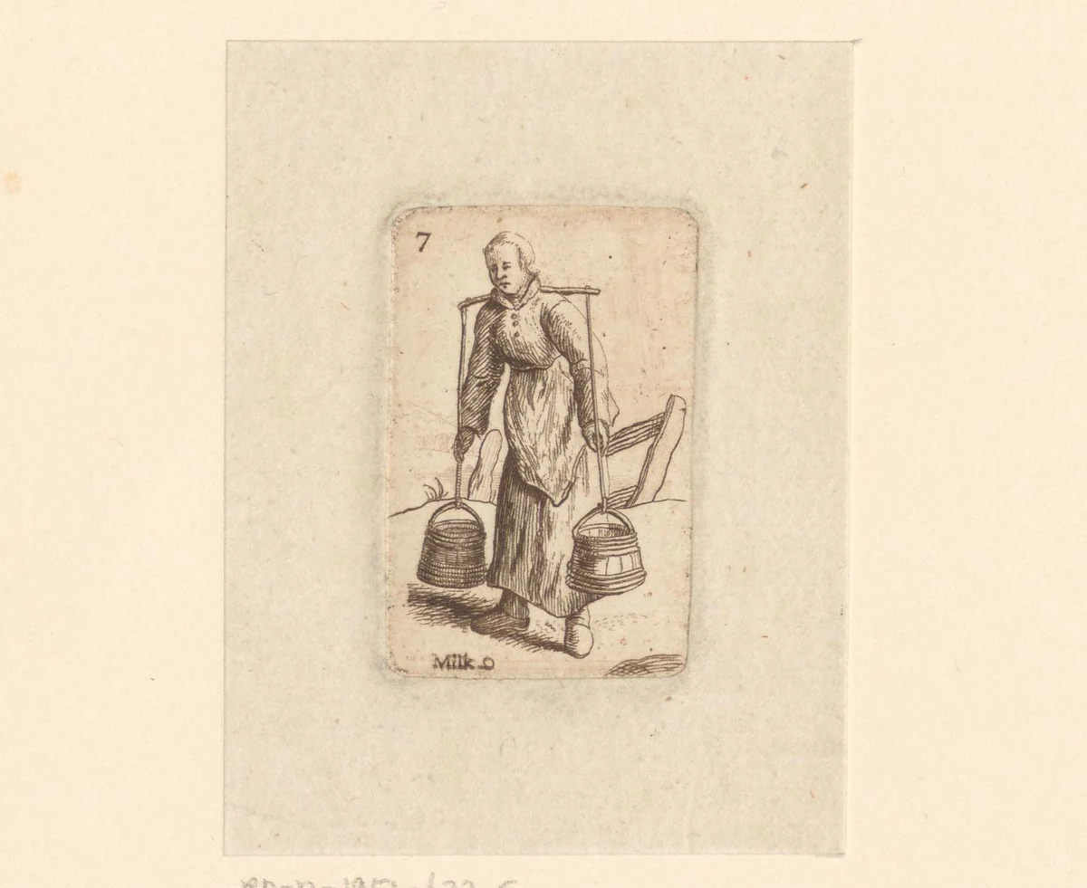 Vrouw draagt emmers melk met een juk by Paul Sandby, print, 1735-1809