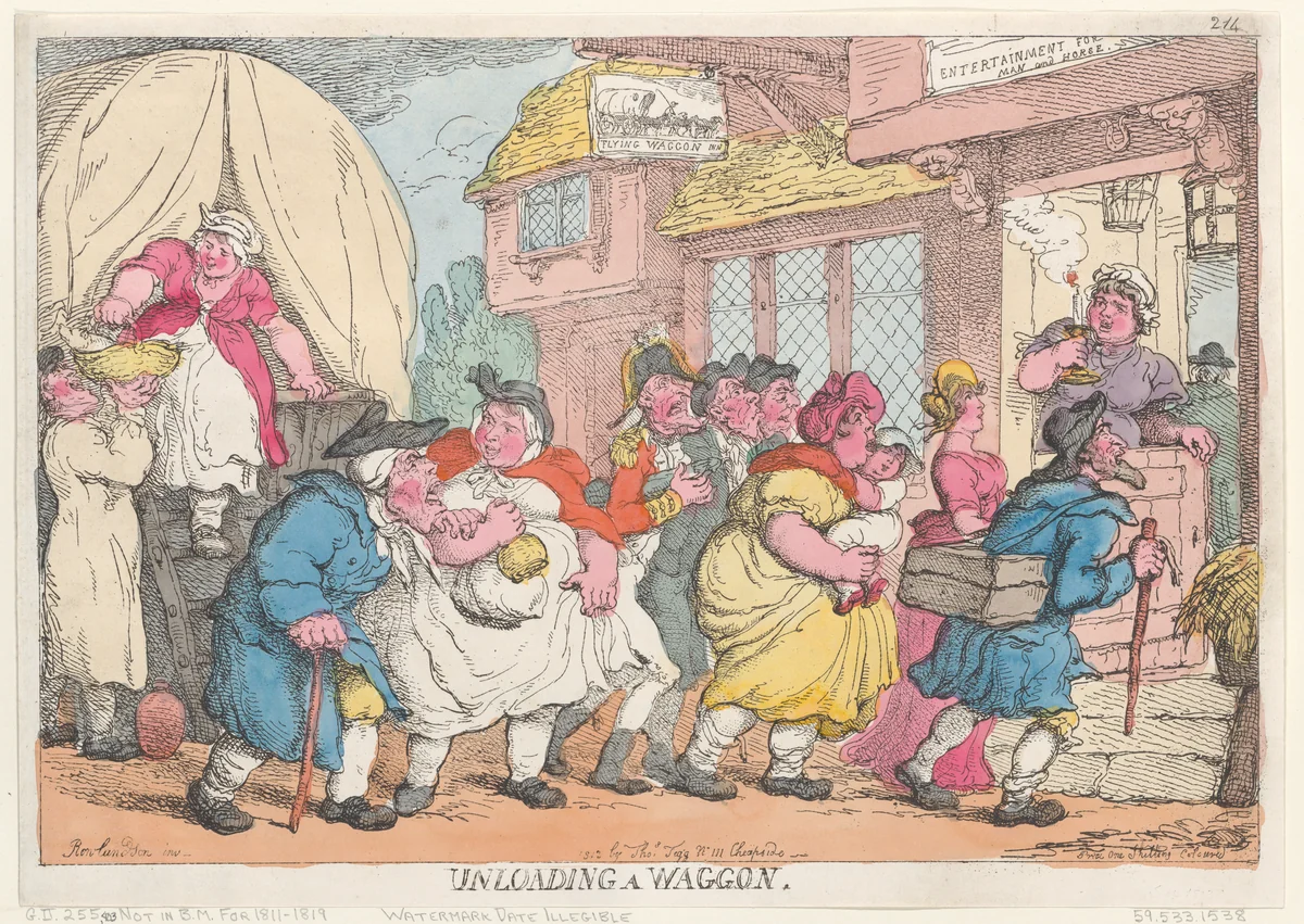 A Doleful Disaster, or Miss Fubby Fatarmin's Wig Caught Fire by Thomas Rowlandson, print, 1813
