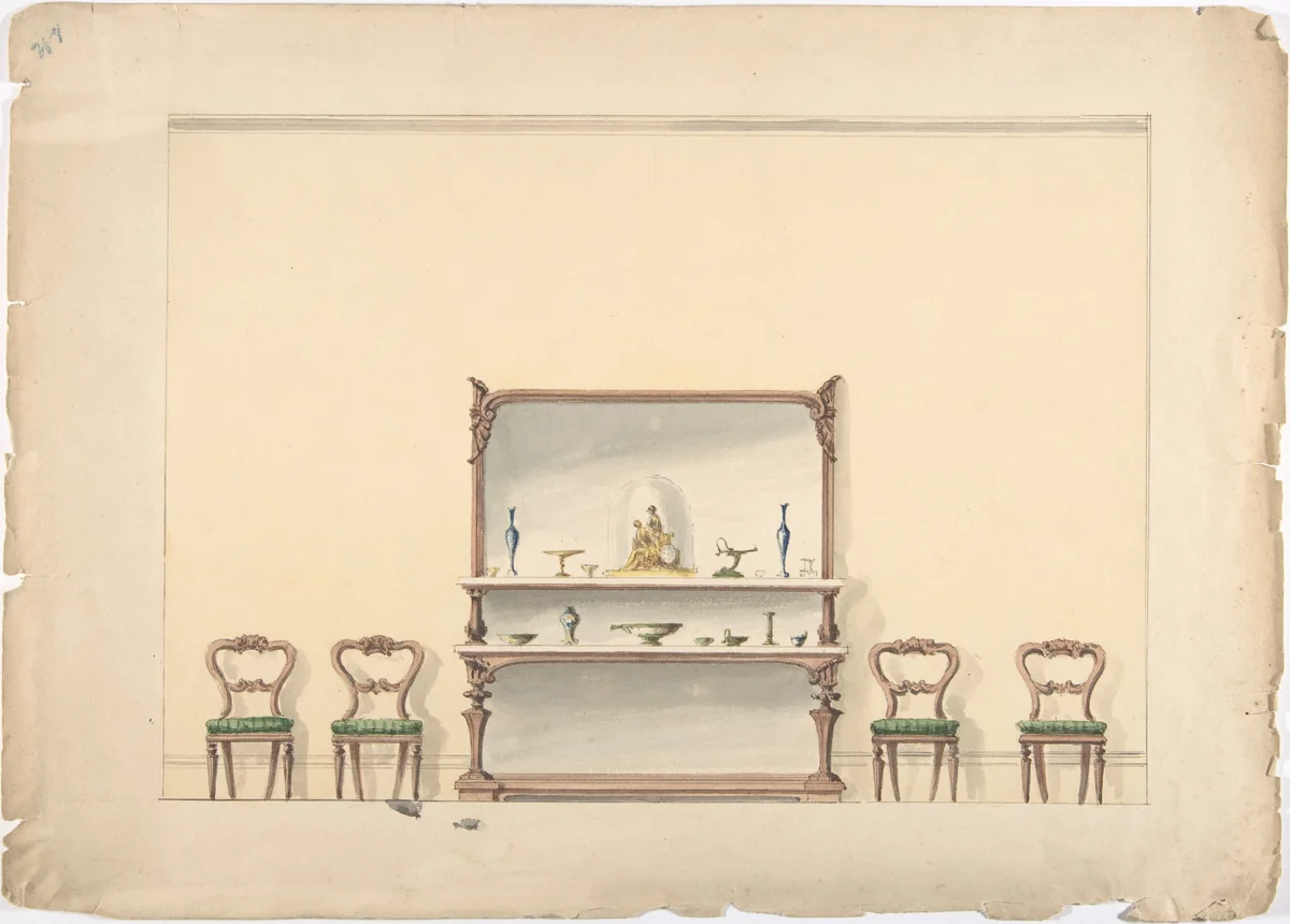 Design for a Mirrored, Marble-topped Sideboard and Four Chairs by anonymous, drawing, 1800-1850