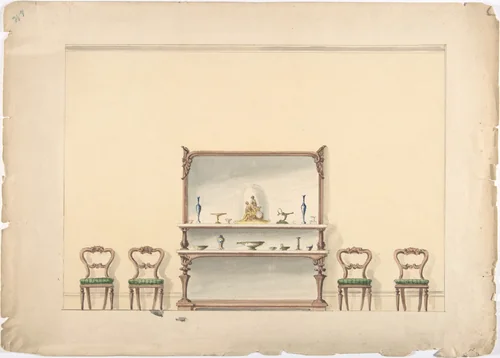 Design for a Mirrored, Marble-topped Sideboard and Four Chairs by anonymous, drawing, 1800-1850
