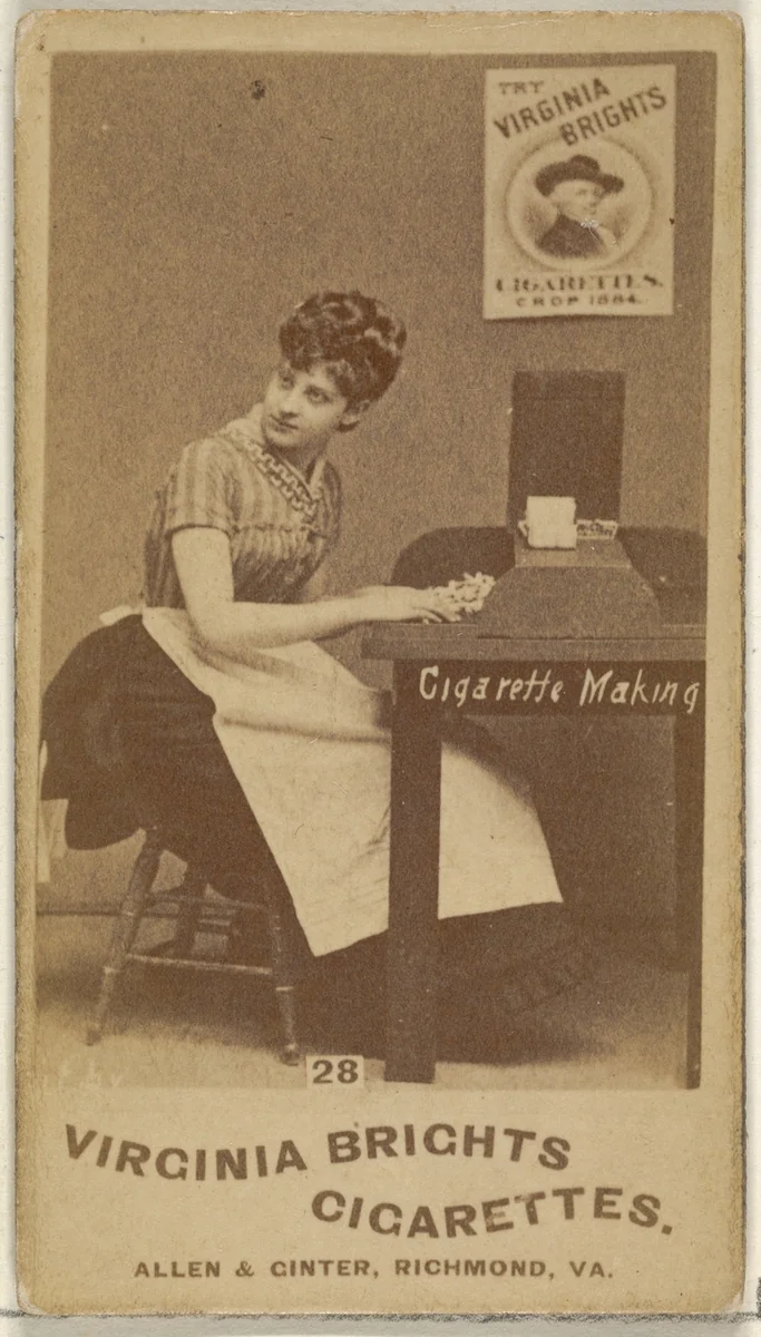 Card 28, from the series, Cigarette Making Girls (N46) for Virginia Brights Cigarettes by Allen & Ginter, photograph, 1888
