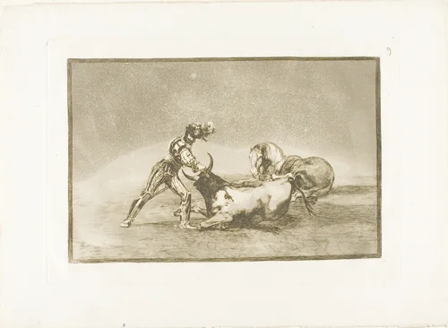 A Spanish knight kills the bull after having lost his horse, plate nine from The Art of Bullfighting by Francisco José de Goya, print, 1814-1816