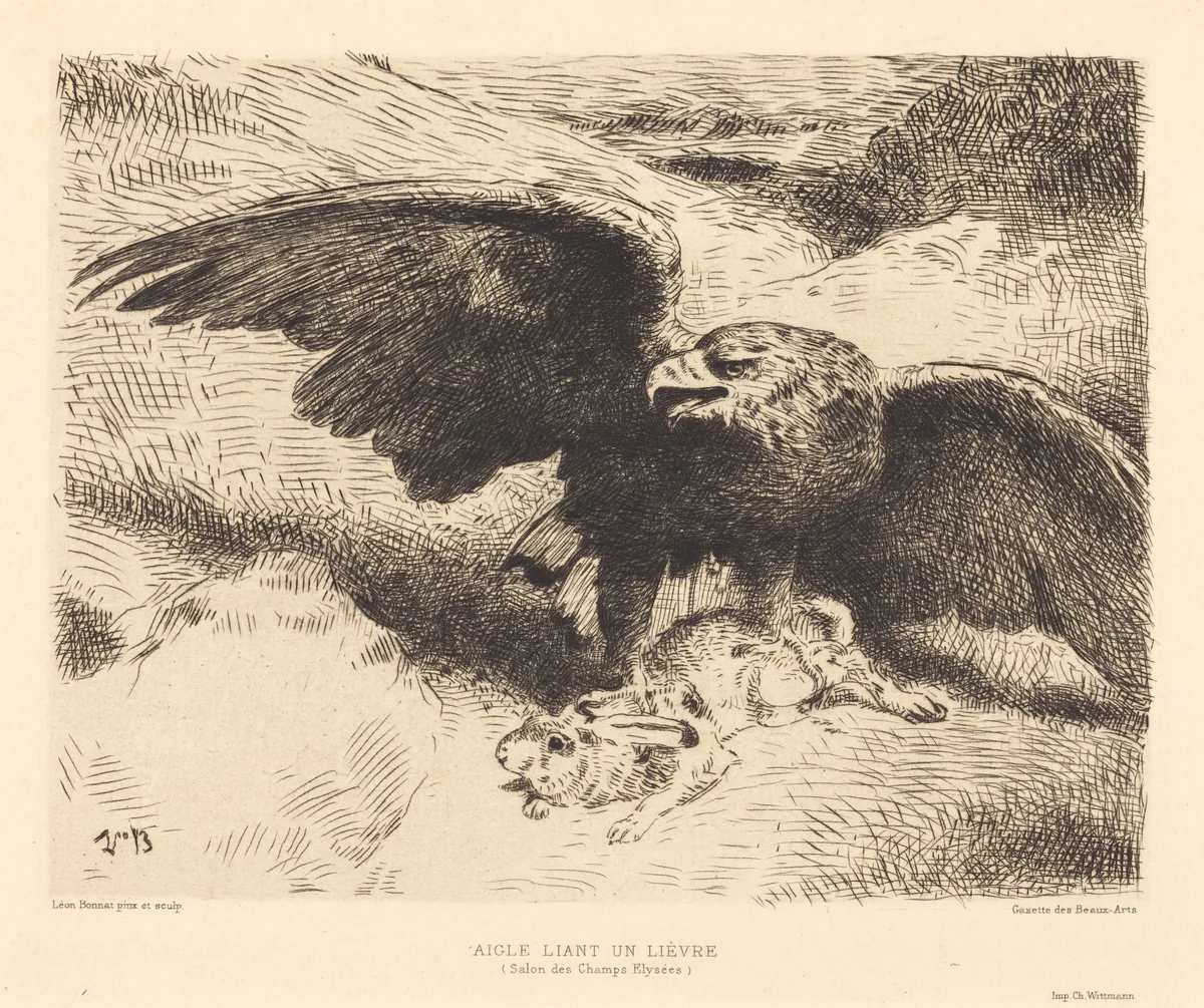 Aigle Liant un Lièvre (An Eagle Pouncing on a Hare) by Léon Bonnat, print, 1833-1923
