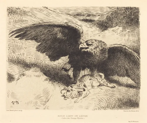 Aigle Liant un Lièvre (An Eagle Pouncing on a Hare) by Léon Bonnat, print, 1833-1923