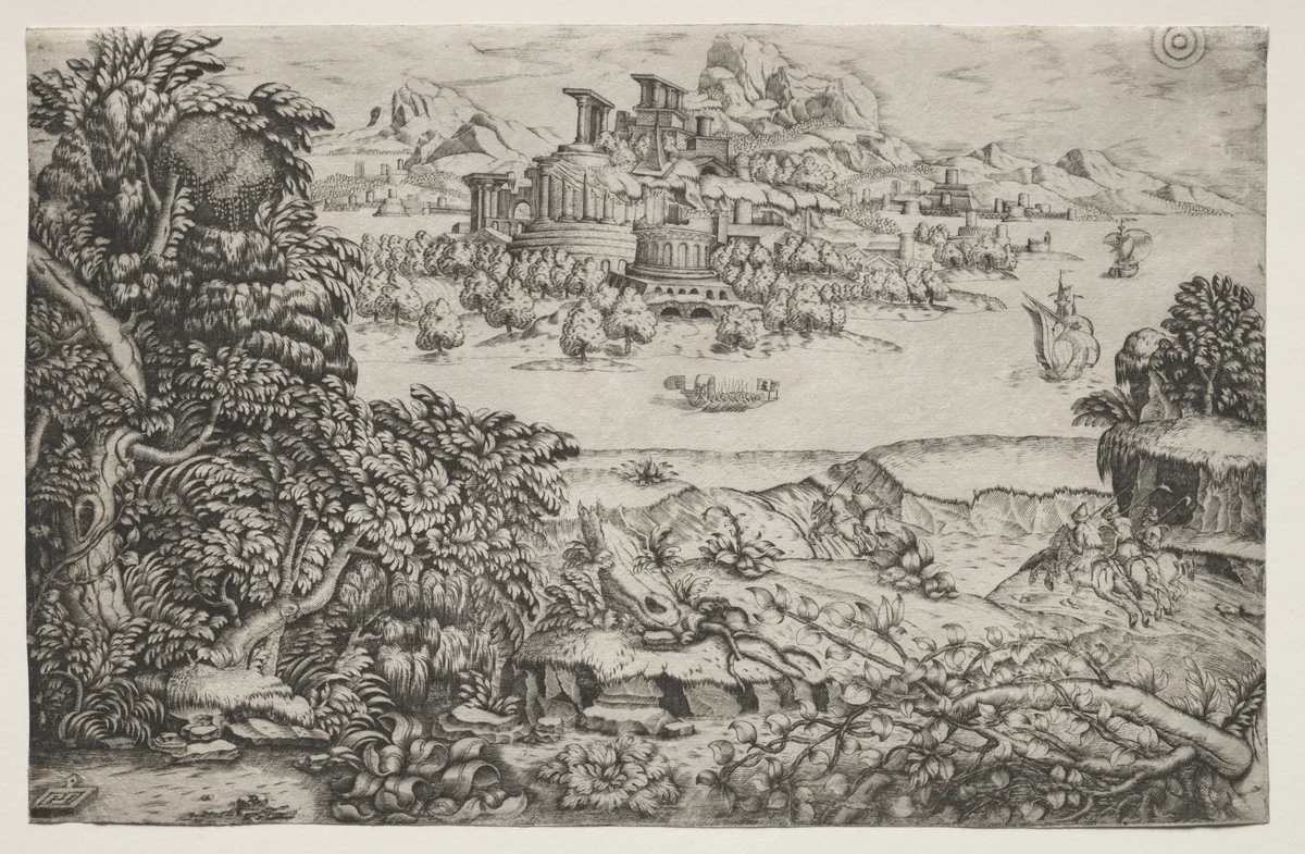Landscape with a Temple above a Lake by Monogrammist HI, print, 1500-1599