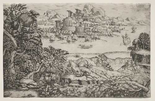 Landscape with a Temple above a Lake by Monogrammist HI, print, 1500-1599