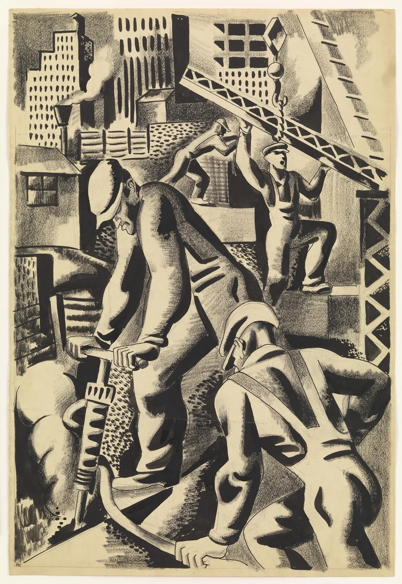 Figure Composition - Working Men by Jan Matulka, drawing, 1927