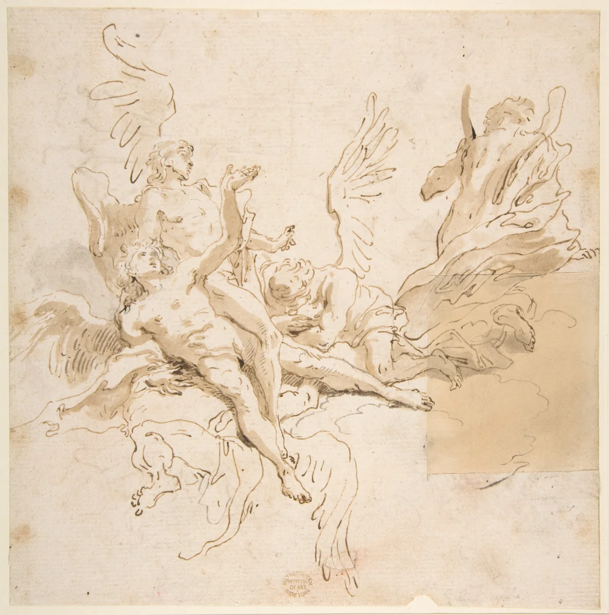 Sheet of Studies: Five Angels (recto); Youth in Clerical Robes and Other Studies (verso) by Giovanni Battista Tiepolo, drawing, 1696-1770