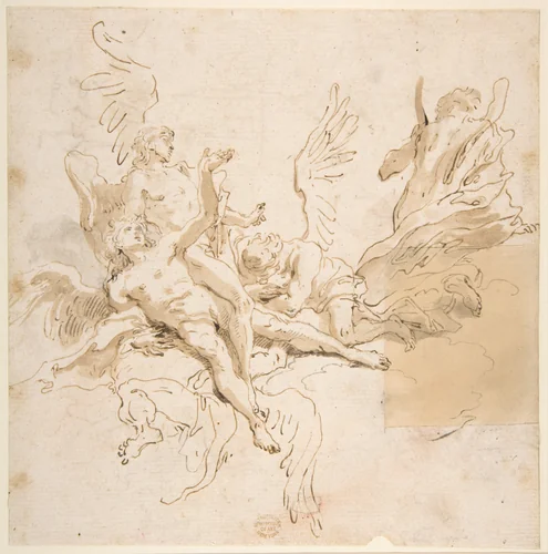 Sheet of Studies: Five Angels (recto); Youth in Clerical Robes and Other Studies (verso) by Giovanni Battista Tiepolo, drawing, 1696-1770