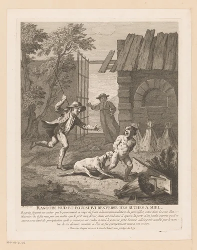 Naakte Ragotin aangevallen door bijen en een hond by Gabriel Huquier, print, 1705-1772