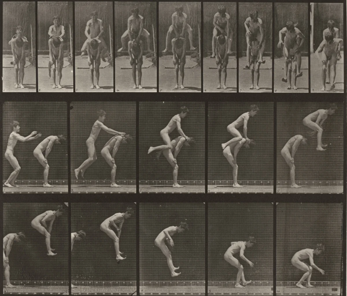 Plate Number 167. Jumping over a boy's back (leapfrog) by Eadweard Muybridge, photograph, 1887