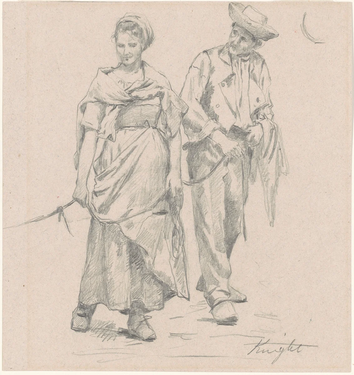 Two Peasants by Daniel Ridgway Knight, drawing, 1865-1875