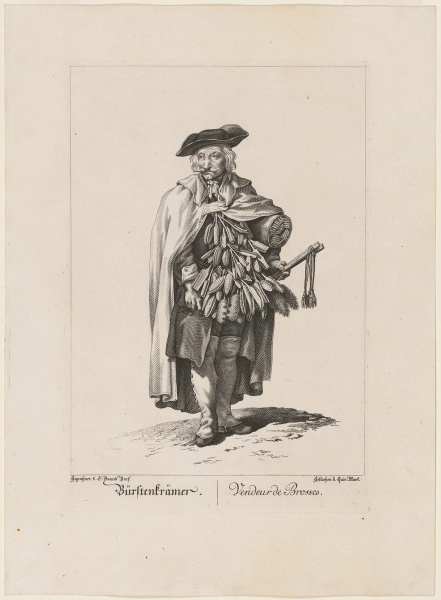 Bürstenkrämer/Vendeur de Brosses (Brush Seller) by Johann Christian Brand, print, 1775