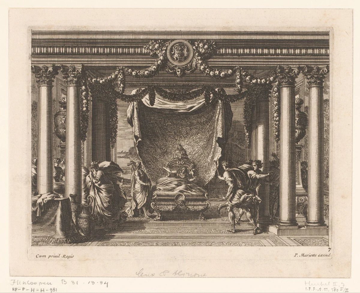 Ceïx verschijnt aan zijn vrouw Alcyonne by Jean Lepautre, print, 1628-1682