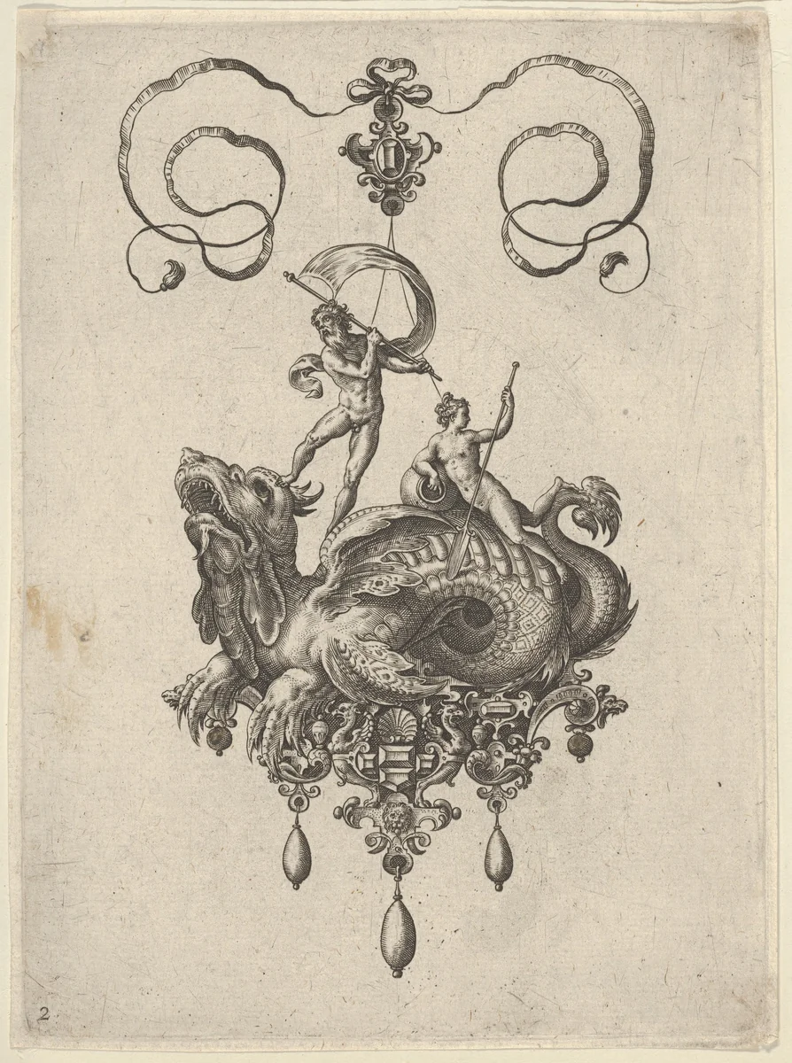 Pendant Design with a Sea Monster Ridden by Thetis and a Man with a Sail by Adriaen Collaert, print, 1582